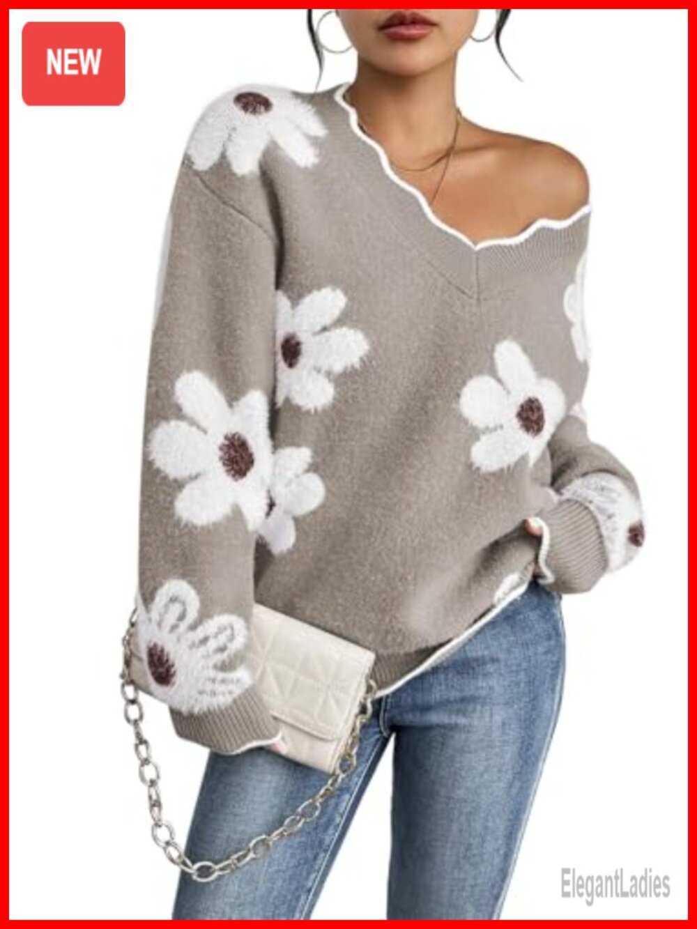 Oversized V Neck Fuzzy Sweater Chunky Knit Pullover